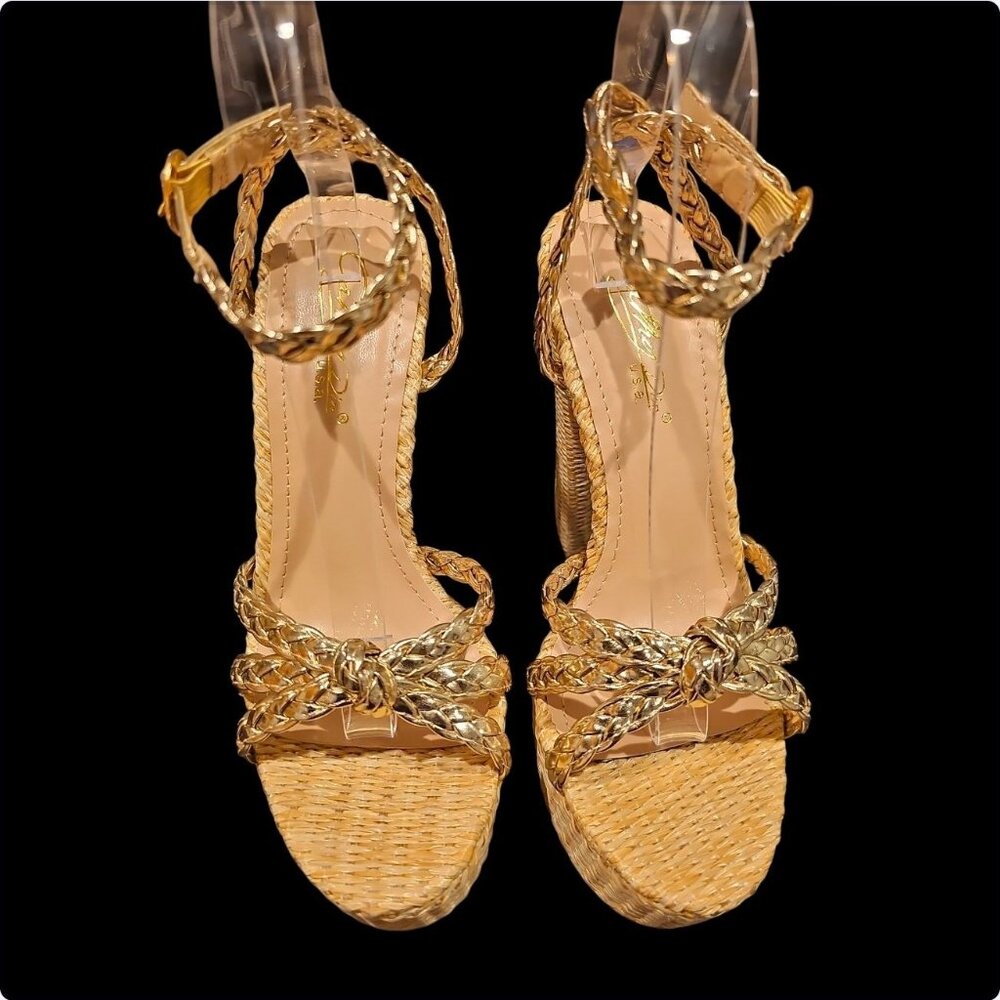 Gold Braided Raffia Platform Heels With Ankle Strap Block Heel - Picture 7 of 8